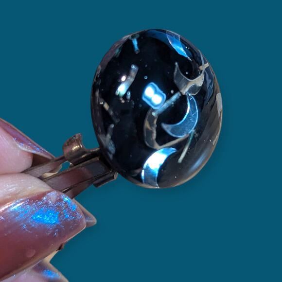 1960s Bewitching Glitter Lucite Clip-On Earrings ~ moons cabochon clear matrix - Picture 6 of 9